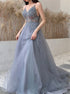 A Line Dusty Blue Spaghetti Straps V Neck Tulle Prom Dress LBQ2247